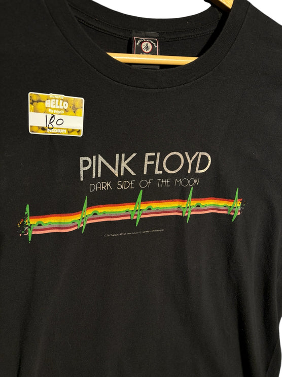 OutOf10 black cotton Pink Floyd Dark Side of the Moon graphic t-shirt with a colorful heartbeat pulse design.
