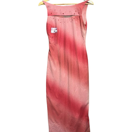 OutOf10 sleeveless midi evening dress in pink and rose ombre with subtle neckline embellishments on a wooden hanger