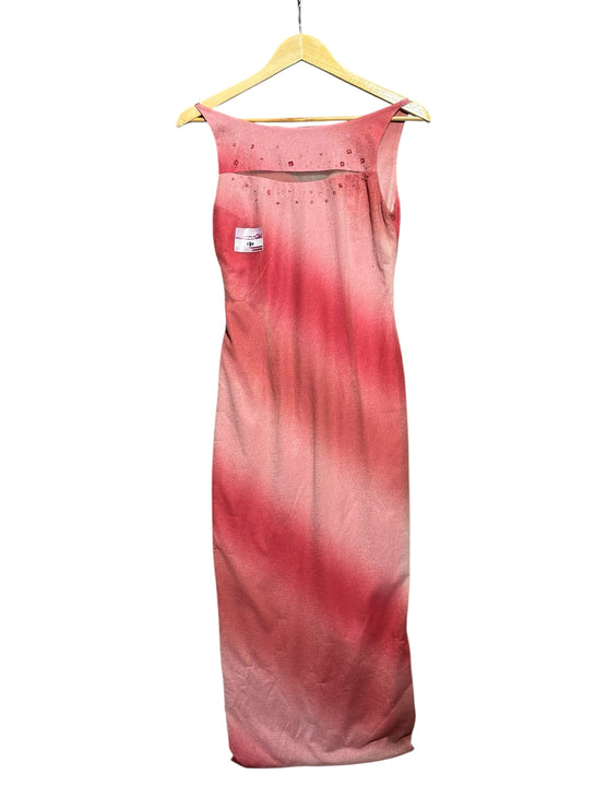 OutOf10 sleeveless midi evening dress in pink and rose ombre with subtle neckline embellishments on a wooden hanger
