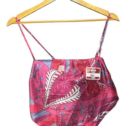 OutOf10 pink and purple paisley satin scarf-style sleeveless crop top with spaghetti straps on a wooden hanger