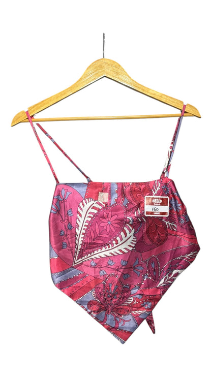 OutOf10 pink and purple paisley satin scarf-style sleeveless crop top with spaghetti straps on a wooden hanger
