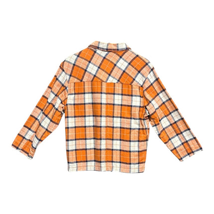 Back view of OutOf10 well done plaid zip-up jacket in orange, white, and navy blue with a classic collar.