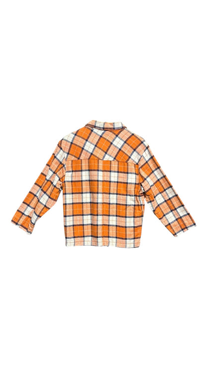 Back view of OutOf10 well done plaid zip-up jacket in orange, white, and navy blue with a classic collar.