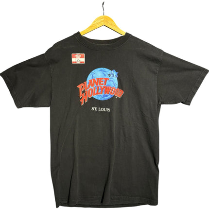 OutOf10 black Planet Hollywood St. Louis graphic crewneck t-shirt with blue and red globe logo on a wooden hanger