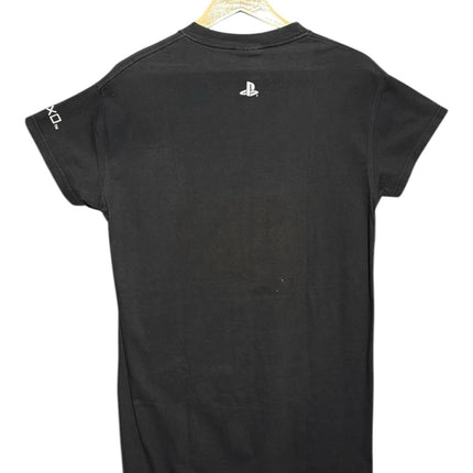 OutOf10 black cotton PlayStation crewneck t-shirt featuring a back neck logo and sleeve detail on a wooden hanger