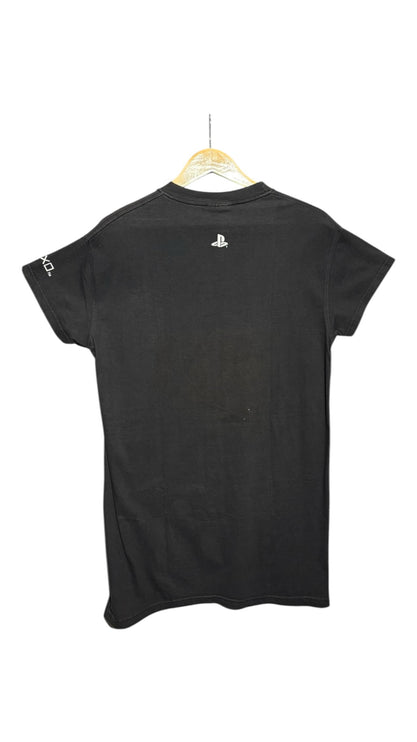 OutOf10 black cotton PlayStation crewneck t-shirt featuring a back neck logo and sleeve detail on a wooden hanger