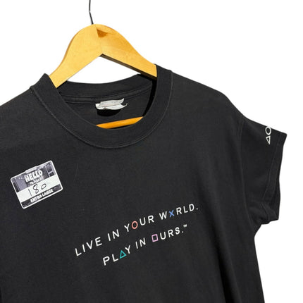 OutOf10 black cotton crewneck t-shirt with PlayStation slogan and controller symbols on a wooden hanger