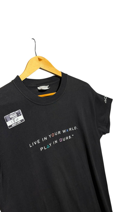 OutOf10 black cotton crewneck t-shirt with PlayStation slogan and controller symbols on a wooden hanger