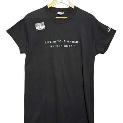 OutOf10 black cotton crewneck t-shirt featuring PlayStation slogan and controller symbols on the chest
