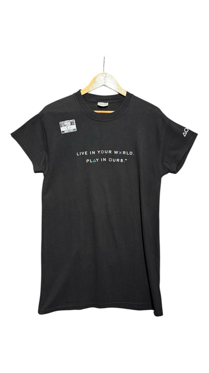 OutOf10 black cotton crewneck t-shirt featuring PlayStation slogan and controller symbols on the chest