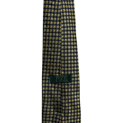 OutOf10 POLO Ralph Lauren black and gold geometric square pattern necktie with branded label on reverse