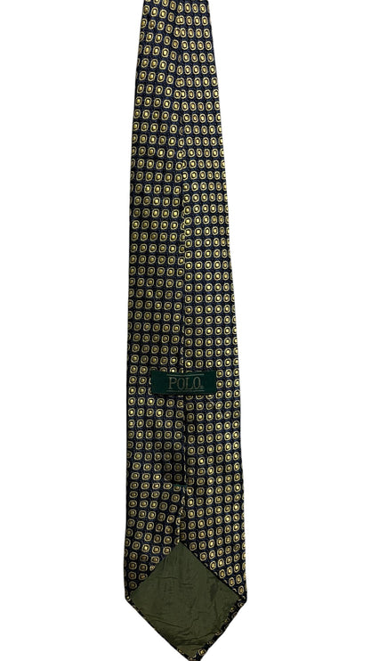 OutOf10 POLO Ralph Lauren black and gold geometric square pattern necktie with branded label on reverse