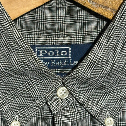 OutOf10 Polo Ralph Lauren grey glen plaid long sleeve button-down shirt with a classic collar on a wooden hanger