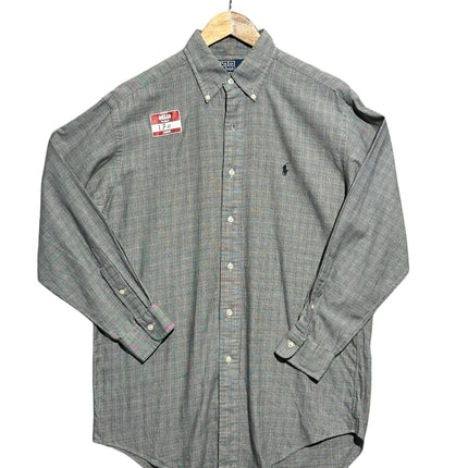 OutOf10 Polo Ralph Lauren grey glen plaid long sleeve button-down shirt with embroidered logo on chest