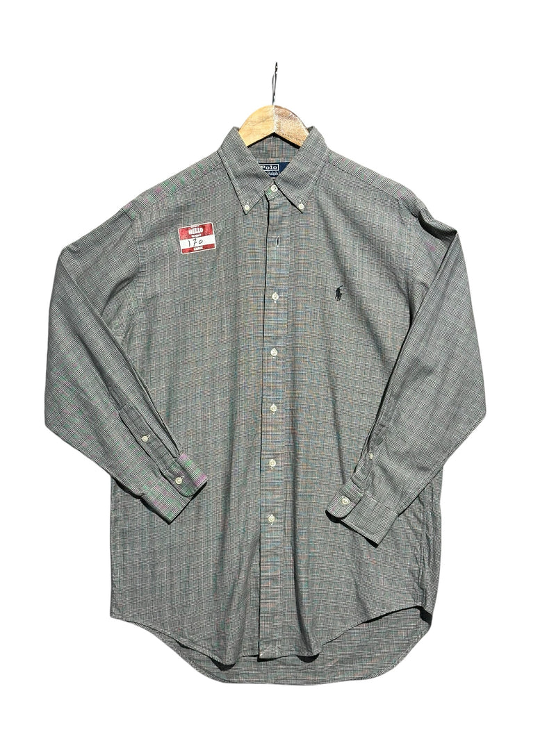OutOf10 Polo Ralph Lauren grey glen plaid long sleeve button-down shirt with embroidered logo on chest