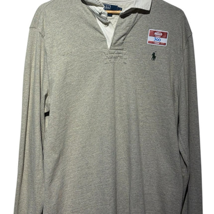 OutOf10 Polo Ralph Lauren heather grey long-sleeve rugby shirt with a white collar and embroidered pony logo.