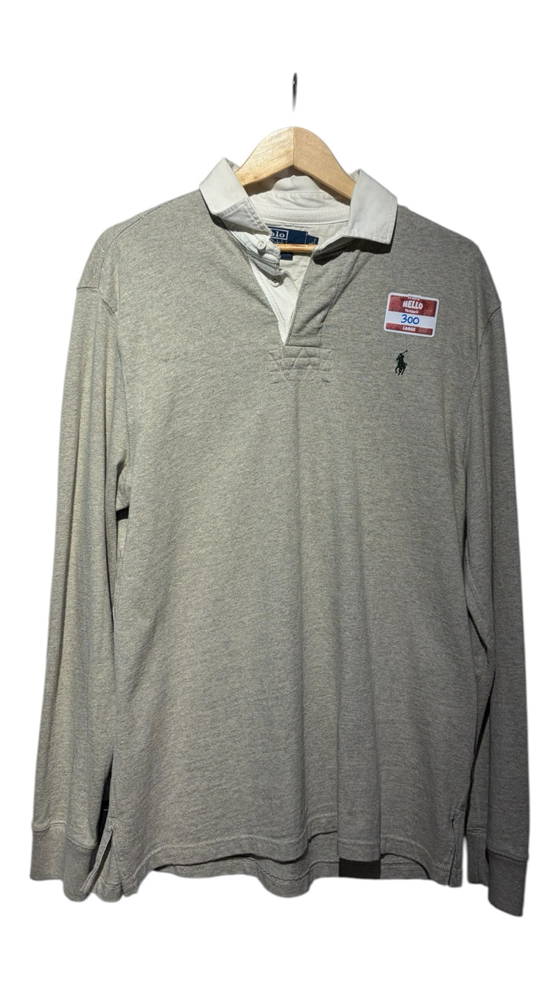 OutOf10 Polo Ralph Lauren heather grey long-sleeve rugby shirt with a white collar and embroidered pony logo.