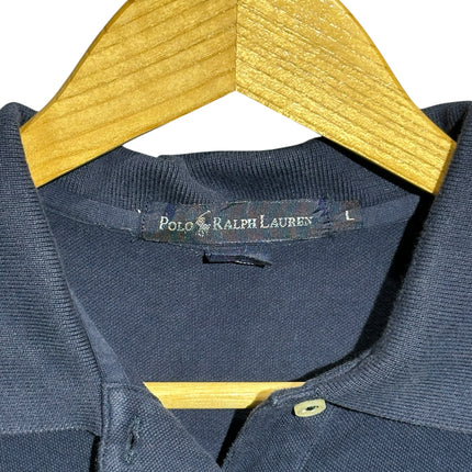 OutOf10 navy blue Polo Ralph Lauren cotton pique polo dress with collar and button placket on a wooden hanger