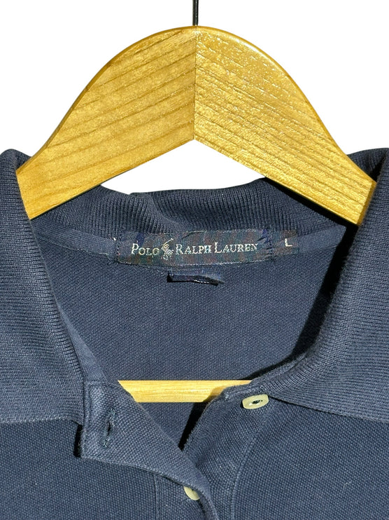 OutOf10 navy blue Polo Ralph Lauren cotton pique polo dress with collar and button placket on a wooden hanger