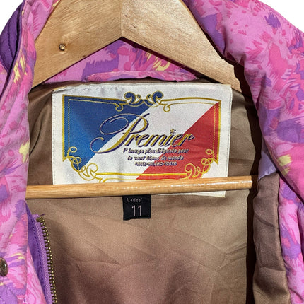 OutOf10 vintage Premier ski jacket label showing size 11, featuring purple and pink abstract floral fabric