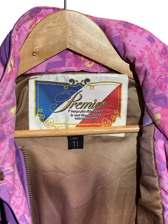 OutOf10 vintage Premier ski jacket label showing size 11, featuring purple and pink abstract floral fabric