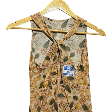 OutOf10 sleeveless racerback tank top with ochre, sage, and cream geometric floral print and twisted back strap detail