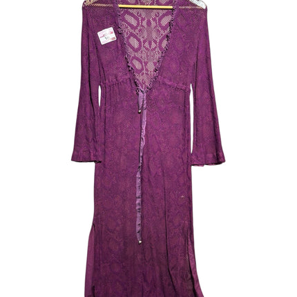 OutOf10 deep purple long sleeve crochet maxi cardigan with ruffled trim and open front design on a wooden hanger