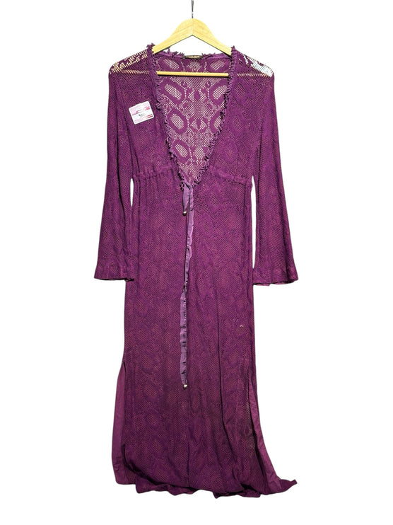 OutOf10 deep purple long sleeve crochet maxi cardigan with ruffled trim and open front design on a wooden hanger