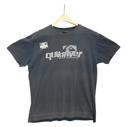 OutOf10 charcoal grey Quiksilver cotton crewneck t-shirt with white graphic logo print on chest hanging on hanger