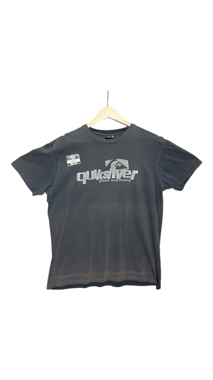 OutOf10 charcoal grey Quiksilver cotton crewneck t-shirt with white graphic logo print on chest hanging on hanger