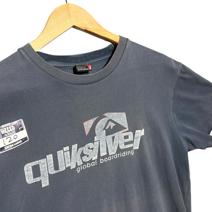 OutOf10 charcoal grey Quiksilver graphic crewneck t-shirt with distressed logo print on a wooden hanger