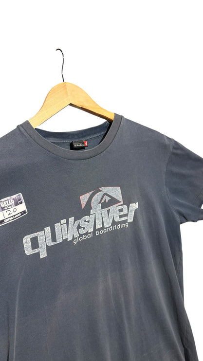 OutOf10 charcoal grey Quiksilver graphic crewneck t-shirt with distressed logo print on a wooden hanger