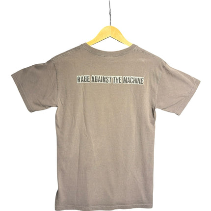 OutOf10 grey Rage Against The Machine graphic crewneck t-shirt, back view with band logo print on a wooden hanger.