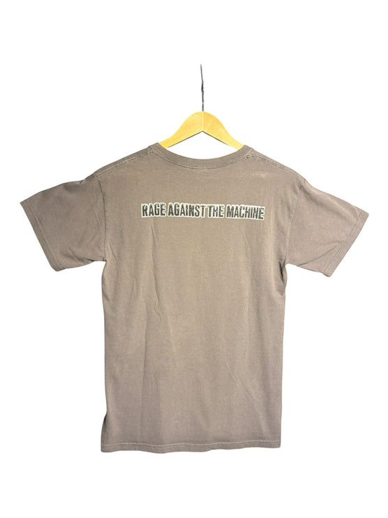 OutOf10 grey Rage Against The Machine graphic crewneck t-shirt, back view with band logo print on a wooden hanger.