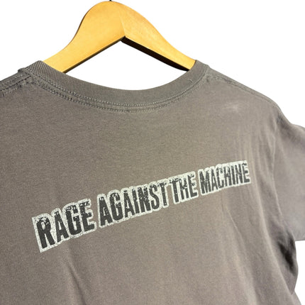 OutOf10 grey Rage Against The Machine graphic crewneck t-shirt with distressed logo print on the back on a hanger.