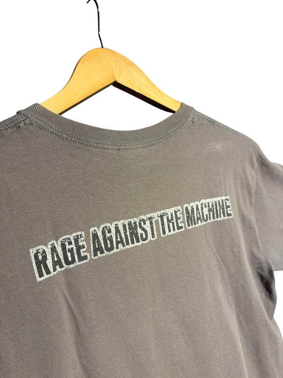 OutOf10 grey Rage Against The Machine graphic crewneck t-shirt with distressed logo print on the back on a hanger.