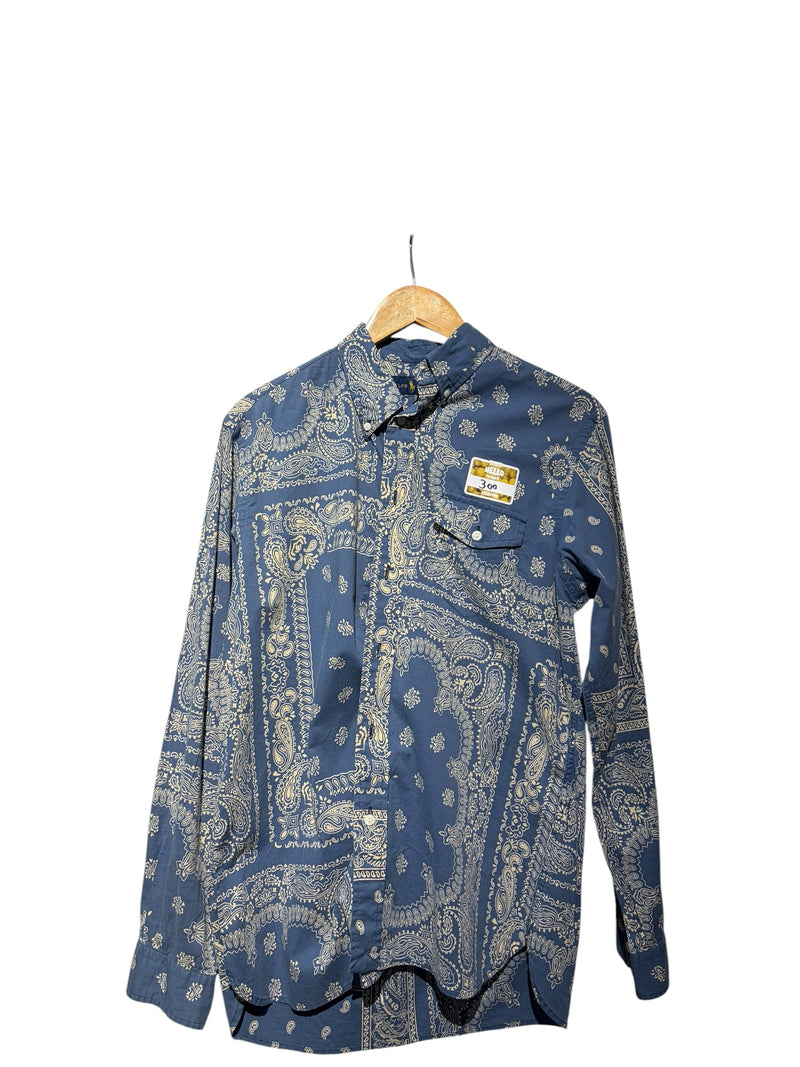 OutOf10 Ralph Lauren blue cotton long sleeve shirt with a white paisley print, button-down collar, and chest pocket.