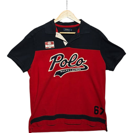 OutOf10 Ralph Lauren navy and red color-blocked cotton pique polo shirt with embroidered logo and 67 graphic