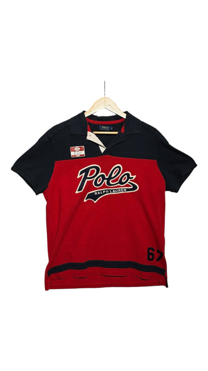 OutOf10 Ralph Lauren navy and red color-blocked cotton pique polo shirt with embroidered logo and 67 graphic