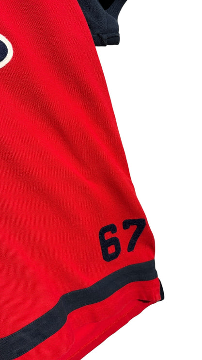 OutOf10 Ralph Lauren red and navy cotton pique polo shirt with 67 graphic detail on the hem