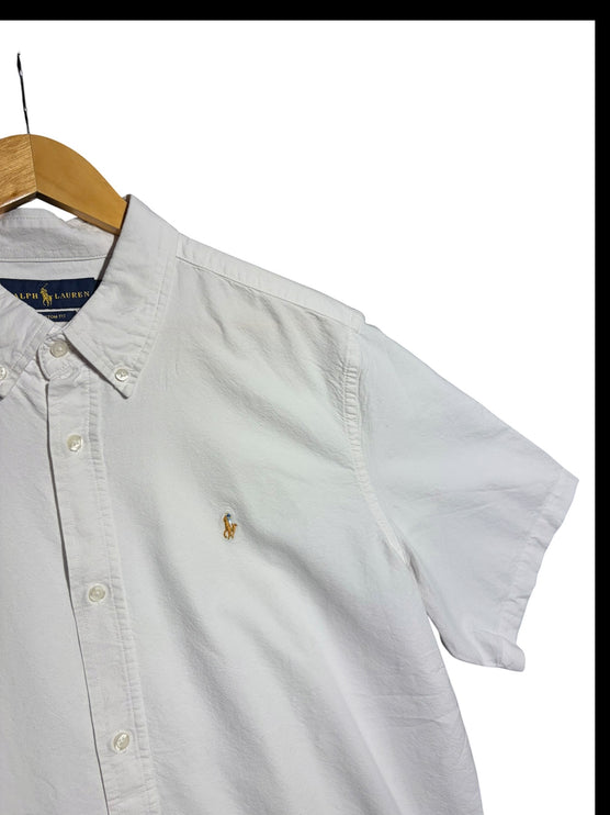 OutOf10 white Ralph Lauren short-sleeve button-down shirt in cotton with signature embroidered pony logo on chest