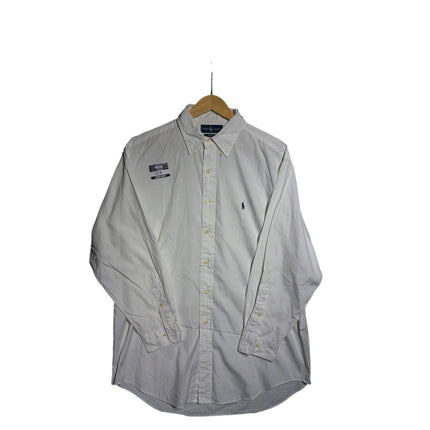 OutOf10 white Ralph Lauren long sleeve cotton button-down shirt with signature embroidered pony logo on the chest.