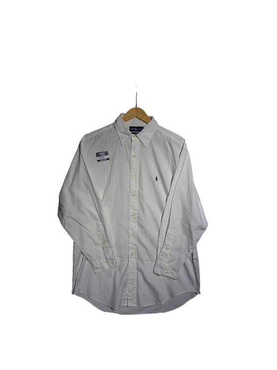 OutOf10 white Ralph Lauren long sleeve cotton button-down shirt with signature embroidered pony logo on the chest.