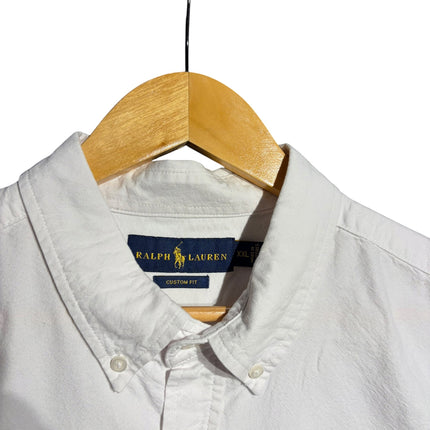 OutOf10 white Ralph Lauren custom fit short sleeve button down shirt with collar on a wooden hanger