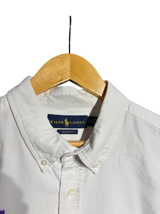OutOf10 white Ralph Lauren custom fit short sleeve button down shirt with collar on a wooden hanger