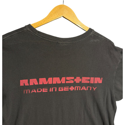 OutOf10 black cotton Rammstein Made in Germany band t-shirt with red logo print on the back hanging on a hanger