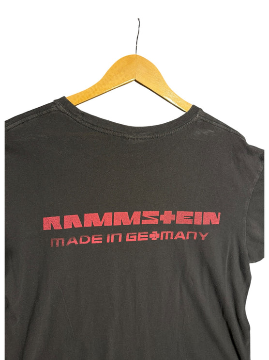 OutOf10 black cotton Rammstein Made in Germany band t-shirt with red logo print on the back hanging on a hanger