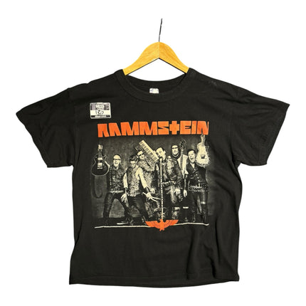OutOf10 black cotton Rammstein band t-shirt featuring a graphic print of the band members and orange logo on a hanger.