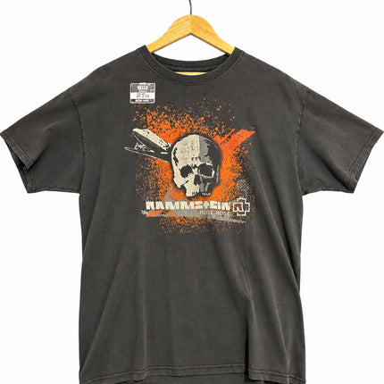 OutOf10 charcoal grey Rammstein Reise Reise band t-shirt with distressed skull, airplane, and orange paint graphic