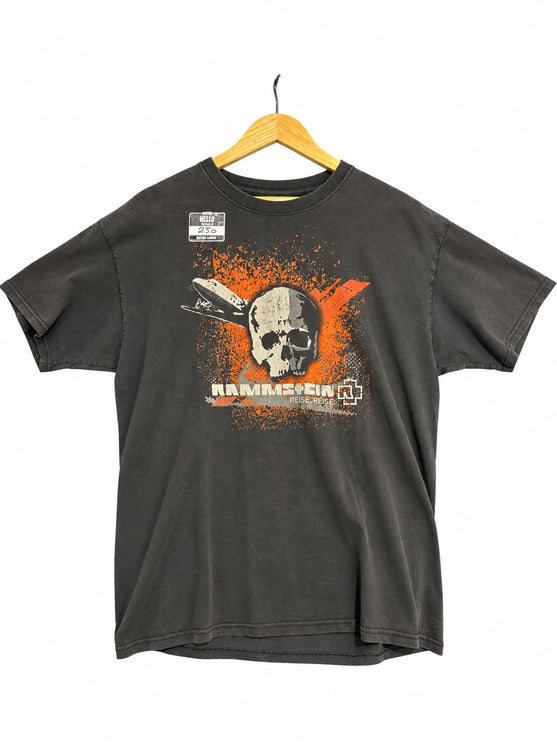 OutOf10 charcoal grey Rammstein Reise Reise band t-shirt with distressed skull, airplane, and orange paint graphic
